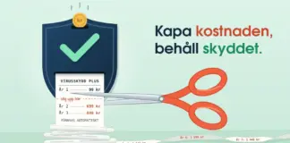 Undvik att bli lurad på dyra pengar av ditt virusprogram Illustration av en mörkblå sköld som slukar ett mynt och skriver ut ett allt längre kvitto med stigande årspriser för ”Virusskydd Plus”, där en korallröd sax är på väg att klippa vid linjen ”säg upp här” bredvid texten ”Kapa kostnaden, behåll skyddet.”