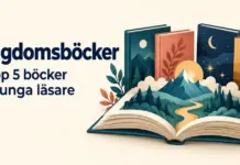 Ungdomsböcker – topp 5 böcker för unga läsare Fyra färgglada böcker bakom en öppen bok med ett fantasifullt landskap av berg, skog och ett slott, intill texten ”Ungdomsböcker – Topp 5 böcker för unga läsare”.