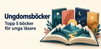 Fyra färgglada böcker bakom en öppen bok med ett fantasifullt landskap av berg, skog och ett slott, intill texten ”Ungdomsböcker – Topp 5 böcker för unga läsare”.