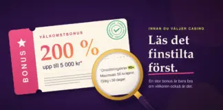 Välja casino: det här bör du tänka på innan du spelar Illustration av en kupong för en välkomstbonus på 200 % med ett guldfärgat förstoringsglas som lyfter fram det finstilta – omsättningskrav 40×, maxinsats 50 kr per spinn och giltighet i 30 dagar – bredvid en grön stämpel för svensk spellicens och texten ”Läs det finstilta först.”
