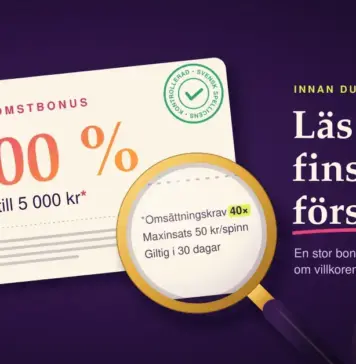 Välja casino: det här bör du tänka på innan du spelar Illustration av en kupong för en välkomstbonus på 200 % med ett guldfärgat förstoringsglas som lyfter fram det finstilta – omsättningskrav 40×, maxinsats 50 kr per spinn och giltighet i 30 dagar – bredvid en grön stämpel för svensk spellicens och texten ”Läs det finstilta först.”