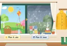 Vårens aktiviteter inomhus och utomhus – tips och idéer Illustration av ett fönster delat i två rutor, där den soliga våren med drake, picknickfilt och blommande träd står för ”Plan A: ute” och den regniga rutan med brädspel, böcker och en kopp te på fönsterbrädan står för ”Plan B: inne”, medan regnjacka, halsduk och gummistövlar väntar redo bredvid.