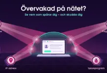 Illustration av en laptop under en lysande skyddskupa i turkos, där fyra rosa strålkastare märkta ”Cookies”, ”Fingeravtryck”, ”IP-adress” och ”Spionprogram” riktar sina ljuskäglor mot datorn utan att tränga igenom, under rubriken ”Övervakad på nätet?”.