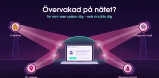 Övervakad på internet – så vet du om du spåras och skyddar dig Illustration av en laptop under en lysande skyddskupa i turkos, där fyra rosa strålkastare märkta ”Cookies”, ”Fingeravtryck”, ”IP-adress” och ”Spionprogram” riktar sina ljuskäglor mot datorn utan att tränga igenom, under rubriken ”Övervakad på nätet?”.
