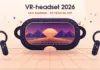 VR-headset 2026 – fem modeller att känna till och hur du väljer rätt Illustration av ett VR-headset vars visir visar en digital värld med solnedgång, berg i lågpolygonstil och ett lysande rutnät som flödar ut över golvet, omgivet av två handkontroller och flytande färgglada fragment under texten ”VR-headset 2026 – Fem modeller · Så väljer du rätt”.