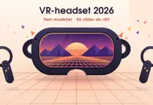 VR-headset 2026 – fem modeller att känna till och hur du väljer rätt Illustration av ett VR-headset vars visir visar en digital värld med solnedgång, berg i lågpolygonstil och ett lysande rutnät som flödar ut över golvet, omgivet av två handkontroller och flytande färgglada fragment under texten ”VR-headset 2026 – Fem modeller · Så väljer du rätt”.